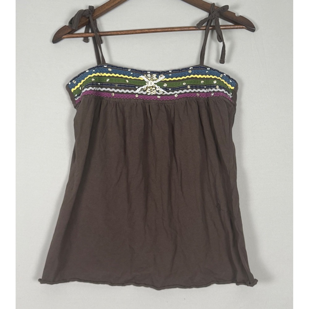 Old Navy Cami Top Women Medium Brown Excellent Y2K Boho Beaded Ric Rac Cami